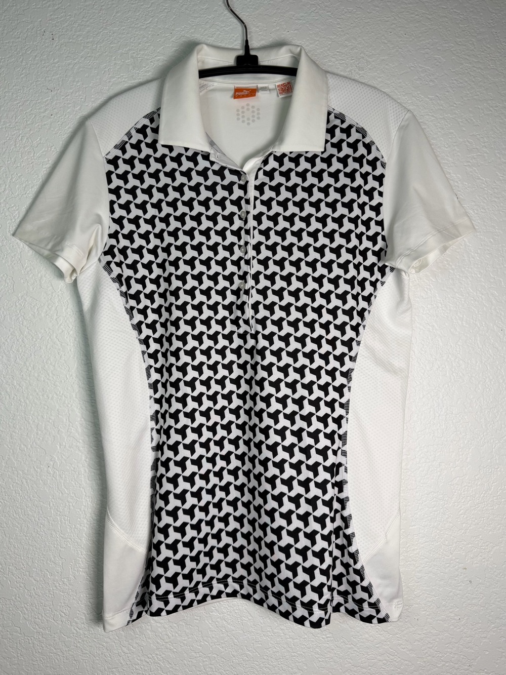 Puma White Golf Polo with Black Geometric Front, Size M